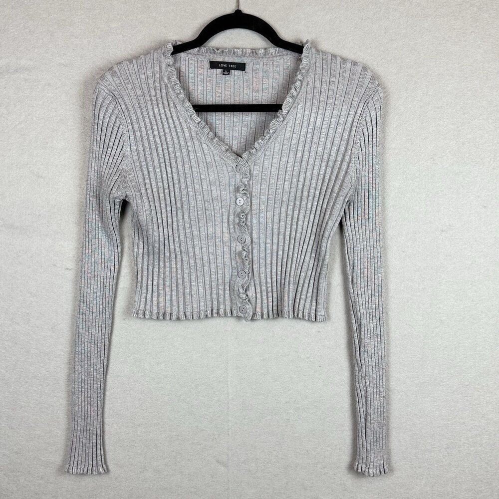 Love Tree Womens Ribbed Knit Cropped Cardigan‎ Heather Grey Lettuce Edge Sz L